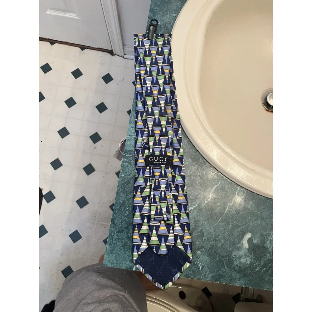 Vintage Gucci Silk Neck Tie Blue And Green Stirrup Graphic Party Italy GG Lining